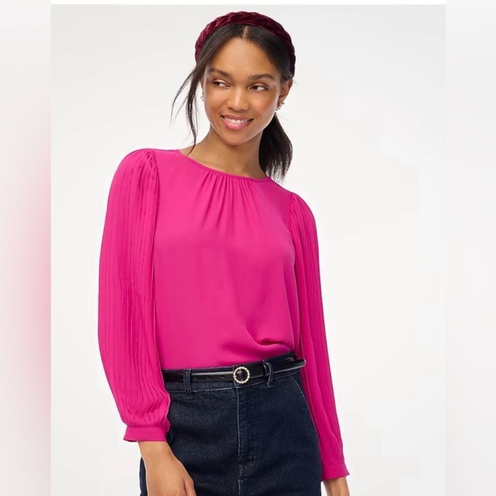 J. Crew Accordion Sleeve Blouse Sz Medium Hot Pink Long Sleeve NWOT